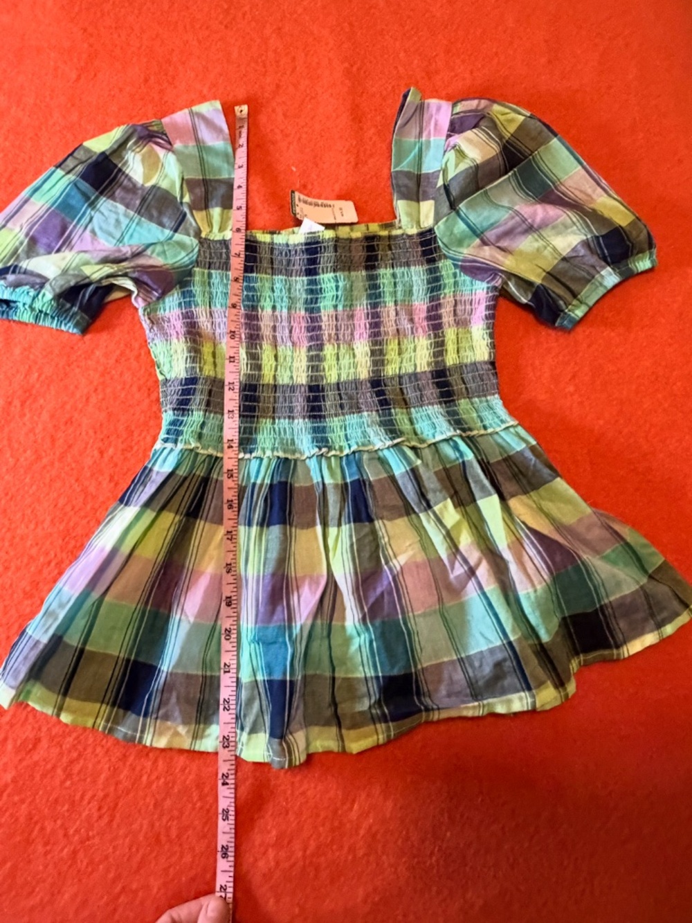 Blue, green and purple boho peasant plaid smocked cotton blouse NWT - Picture 8 of 10